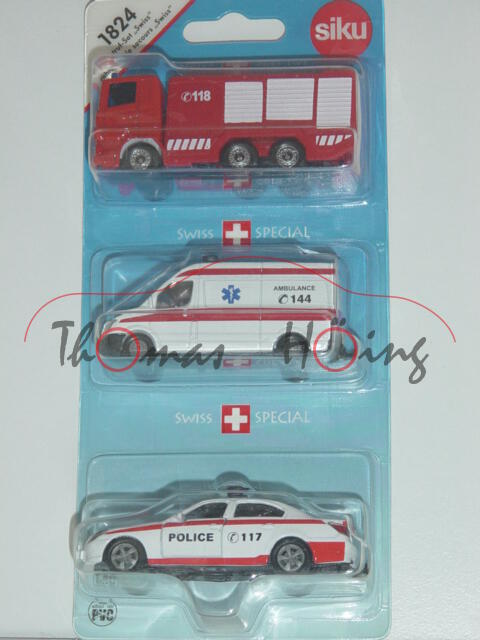 03900 Notruf-Set Swiss 1, mit Scania TLF+MB Sprinter II+BMW 545i, POLICE C 117, P29b limited Edition