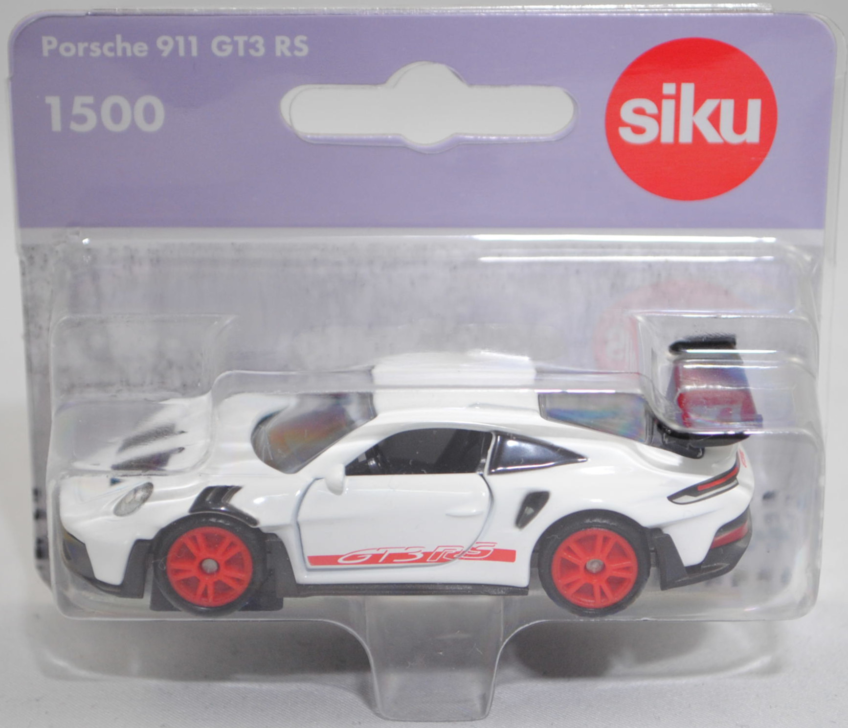 00001 Porsche 911 GT3 RS (Typ 992 bzw. 992.1, Vorfacelift, Modell 2022-2024), reinweiß, Verglasung unter dem Dach mittig mit Mittelsteg, SIKU SUPER, 1:57, P29f