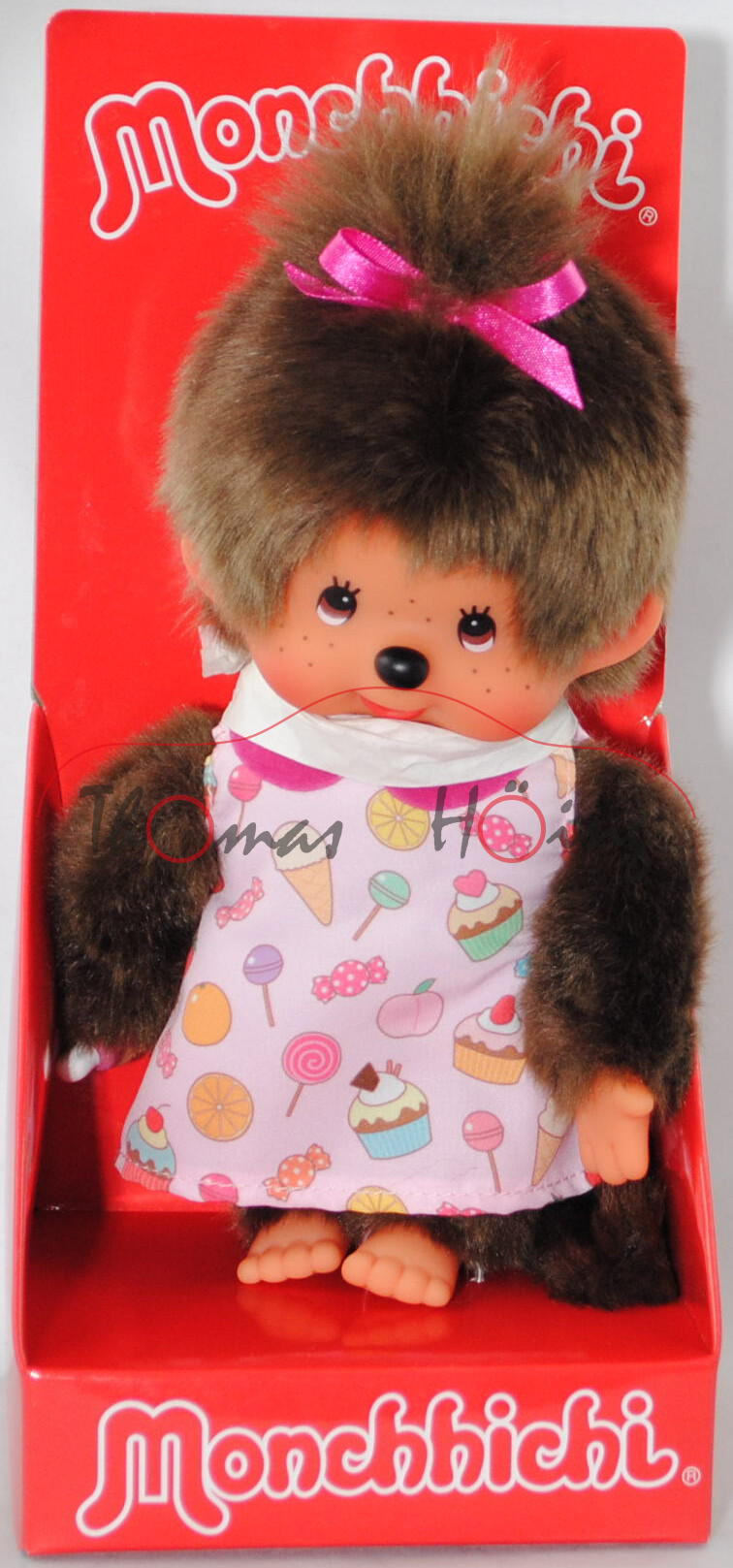 Monchhichi Pop'n Candy Dress Girl (Mädchen mit rosa Pop'n Candy Kleid), 20 cm groß, Sekiguchi