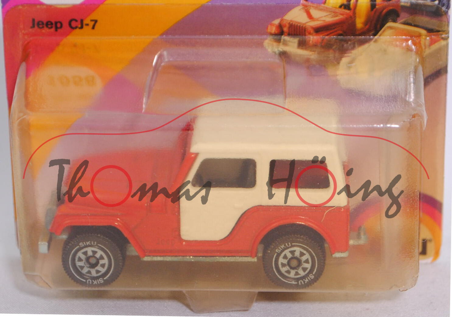 00003 Jeep CJ-5 2.5L (Modell 1979-1983) mit Hardtop, verkehrsrot, SIKU, 1:55, P23 (vergilbt + offen)