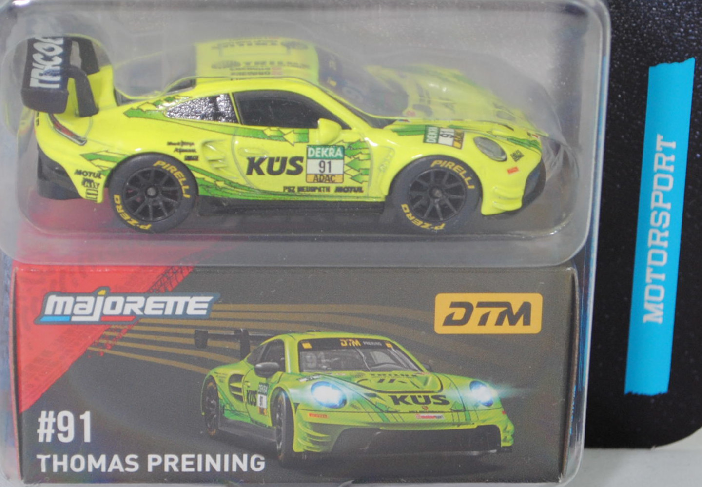 Porsche 911 GT3 R (992.1, Homologationsnummer GT3-055, Vorfacelift, Modell 2023-2025), gelb, DTM 2025, Thomas Preining, Nr. 91, Manthey EMA, majorette, 1:60, Blister