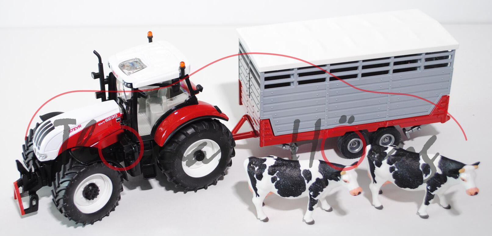 Steyr CVT 6230 Traktor mit Viehanhänger, reinweiß/karminrot und cremeweiß/silber/karminrot, STEYR CV