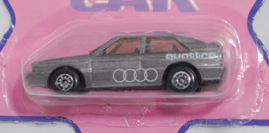 Audi quattro (B2, Typ 85Q, VFL (Vorfacelift), Modell 1980-1982), steingrau metallic (LY7U), Audi-Ringe / quattro, Bpr. MADE IN CHINA, Matchbox STAR CAR, 1:58, Stern-Blister