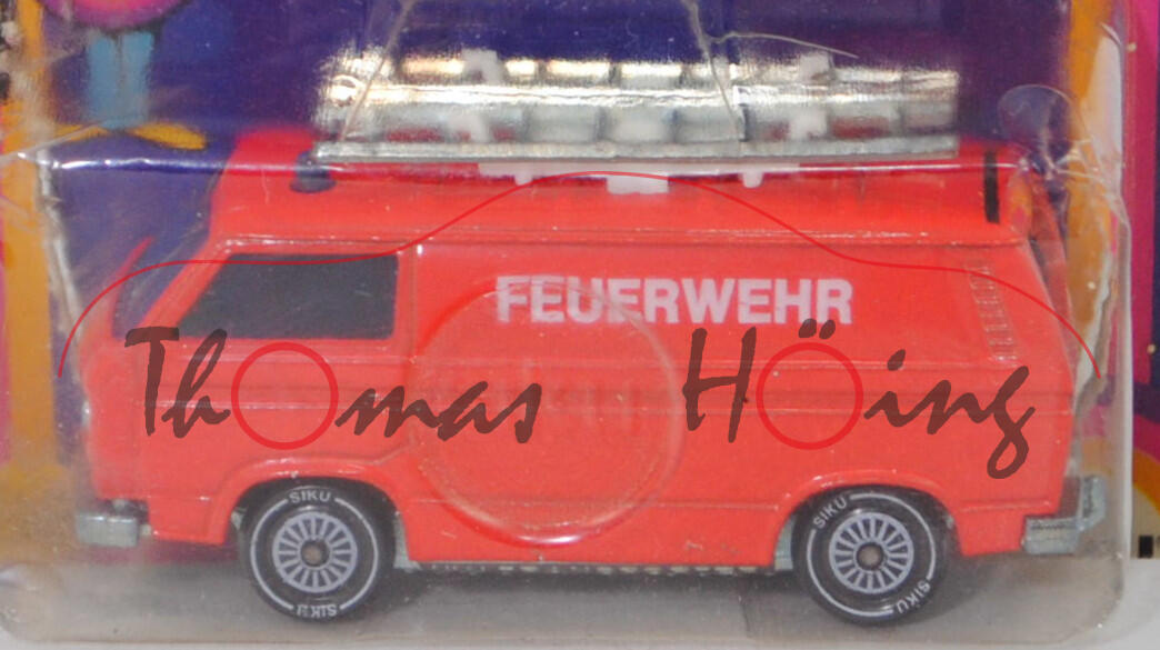 00002 VW Transporter Kastenwagen 2,0 Liter (T3, Mod. 79-82) Feuerwehr-Gerätewagen, rot, FEUERWEHR, Dachträger ohne Erhöhung, SIKU, 1:60, P18 offen