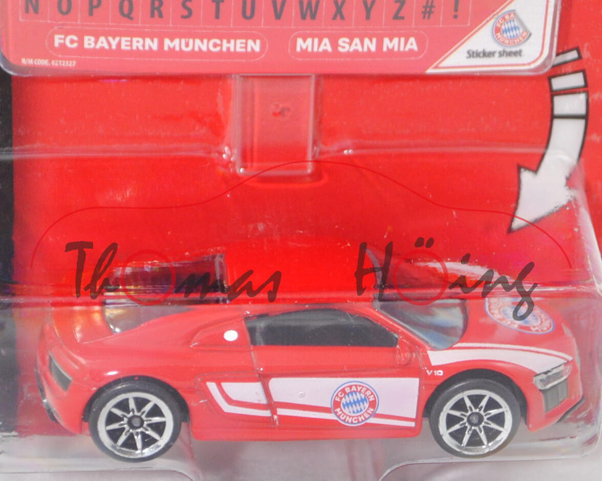 Audi R8 V10 (Baureihe 4S, Typ Coupé, Mod. 15-19), rot, Sticker 2 FC BAYERN MÜNCHEN, majorette, 1:58