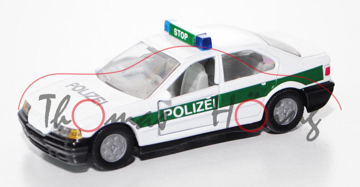 00000 BMW 320i (Baureihe E36, Modell 1992-1996) Polizei-Streifenwagen, reinweiß/hell-moosgrün, innen