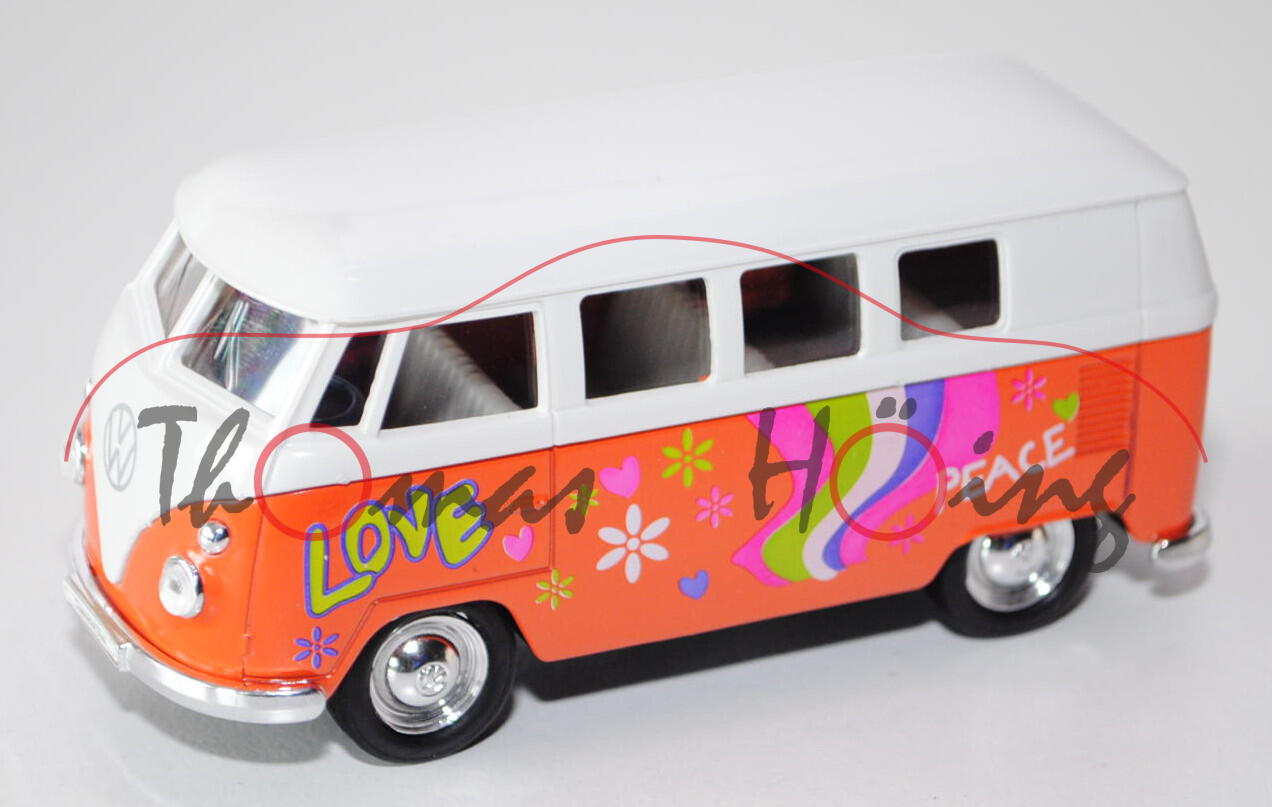 VW Transporter Kombi (Typ 2 T1), Modell 1962, grauweiß/reinorange, LOVE PEACE, Seitentüren zu öffnen