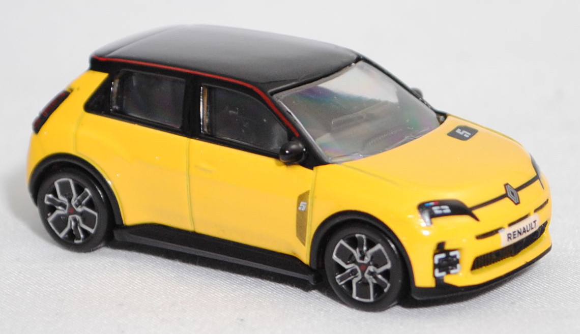 Renault 5 E-Tech Electric Iconic Five 150 Comfort Range (3. Generation, Modell 2024-), Karosserie pop yellow!, Dach black-pearl-schwarz, Dachlinie rot, innen schwarz, Norev, 1:64, mb