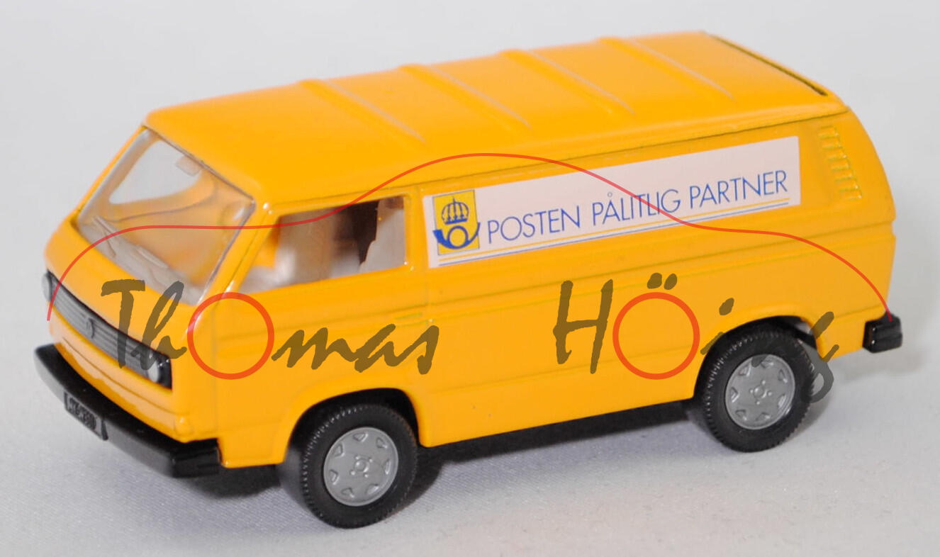 03010 S VW Transporter Kastenwagen (Typ 2 Transporter 3 (T3, Modell '80), Modell 1979-1982), dunkel-signalgelb, Posthorn und POSTEN PÅLITLIG PARTNER, B6, SIKU, 1:60 (SWEDISH SPECIAL)