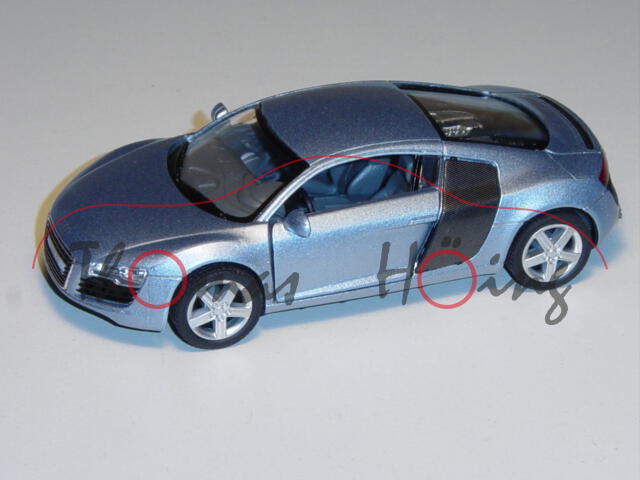 Audi R8, Mj. 2007, blausilbermetallic, mit Rückziehmotor, Kinsmart®, 1:36