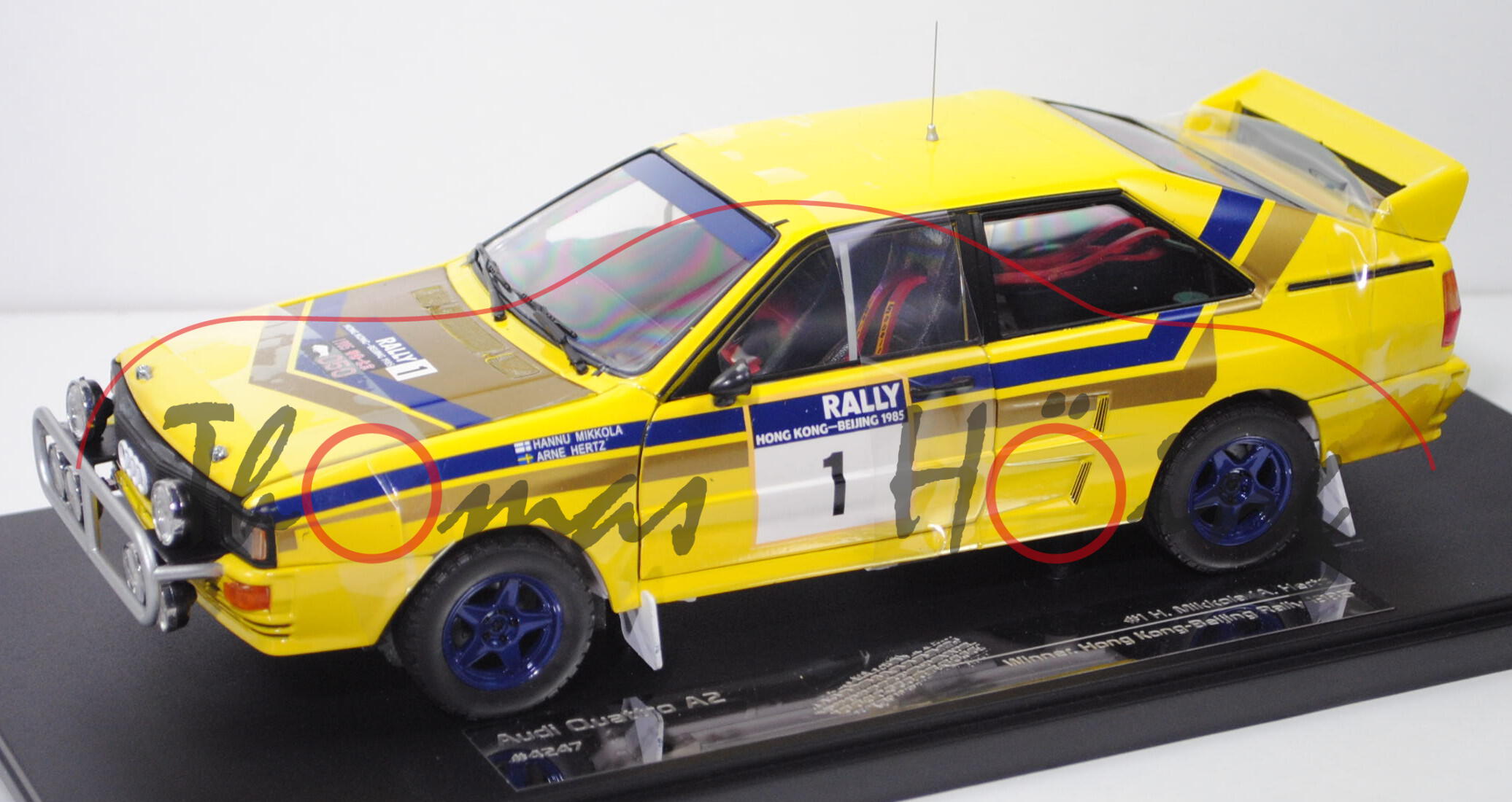 Audi quattro A2 Gr. B, gelb, Rallye Hong Kong Beijing 1985, Mikkola/Hertz, Nr. 1, Sun Star, 1:18, mb