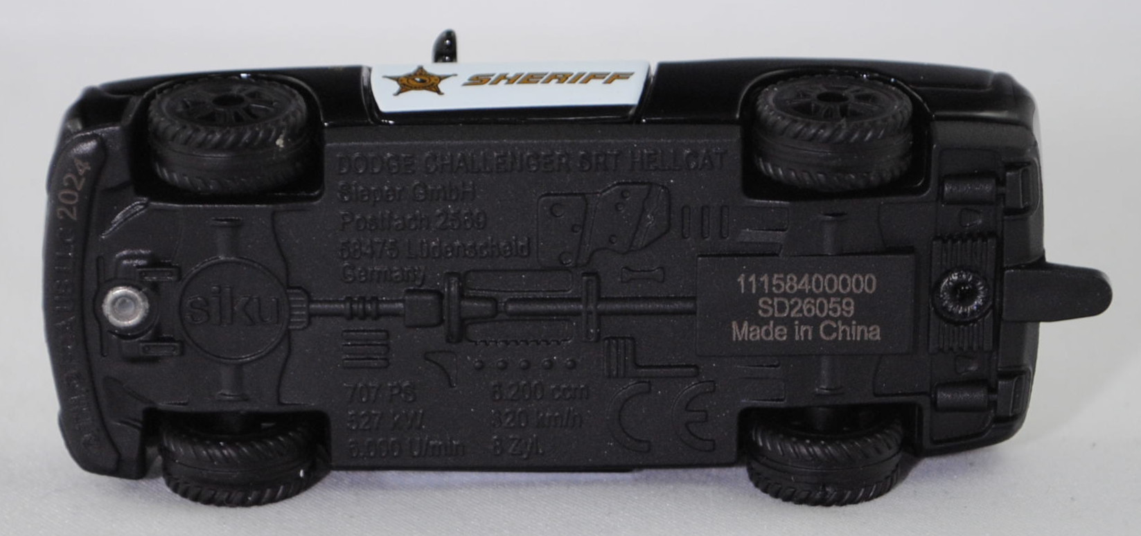 00000 Dodge Challenger SRT Hellcat (3. Generation, Facelift 2014, Modell 2014-2018) County Sheriff, schwarz, Sheriff-Stern und SHERIFF, SIKU SUPER, 1:63, P29f
