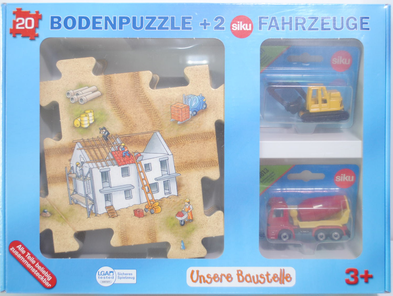 00001 20 teiliges Bodenpuzzle (78 x 63 cm) Baustelle incl. 2 Siku Modelle (0801 Bagger, gelb/schwarz