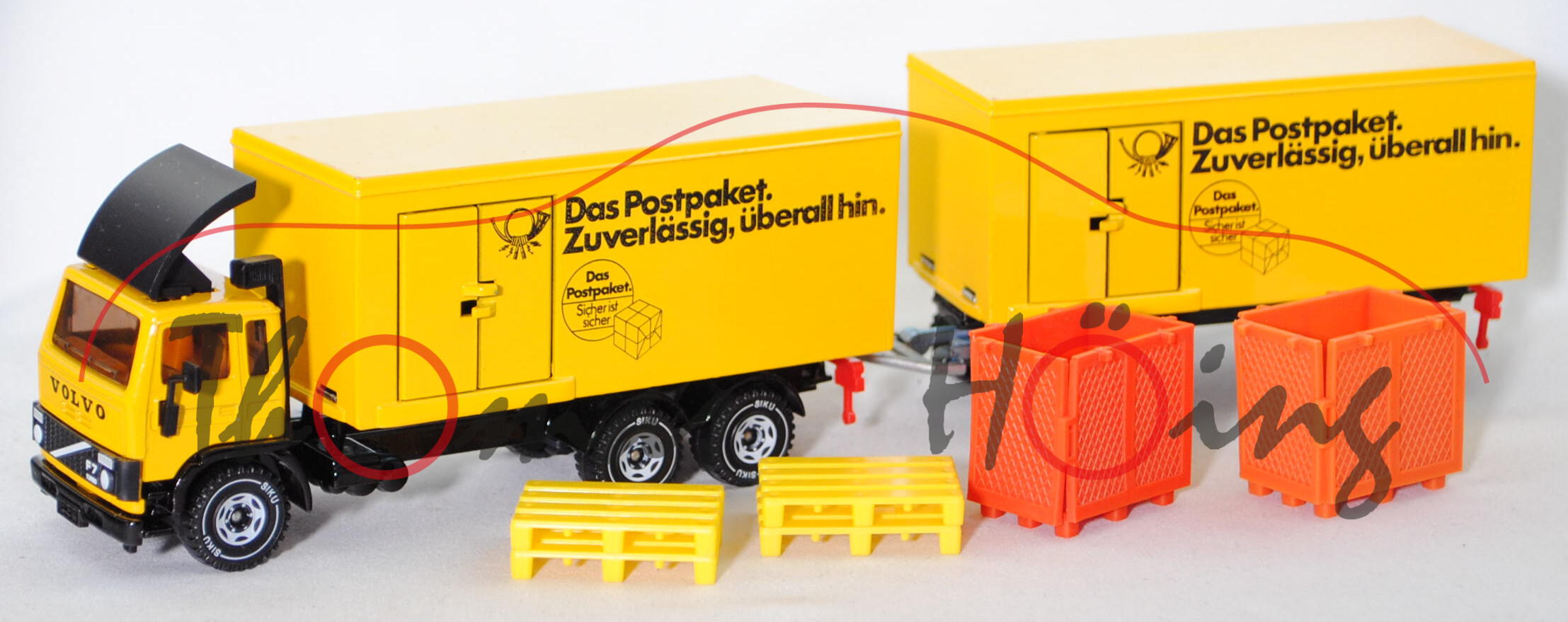 00006 Volvo F7 TURBO DBP Lastzug mit Kofferaufbau, gelb, Das Postpaket. / Zuverlässig, überall hin.