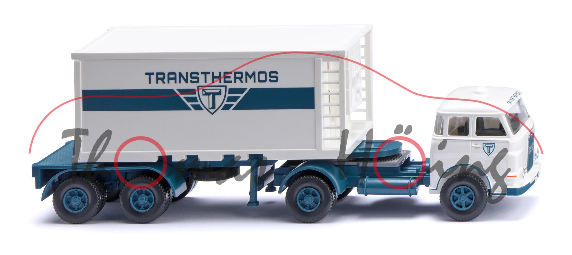 MAN Typ 10.230 T-FS Pausbacke (Typ zweiachsige Frontlenker-Sattelzugmaschine, Modell 1960-1967) Containersattelzug 20', weiß, TRANSTHERMOS, Wiking, 1:87, mb