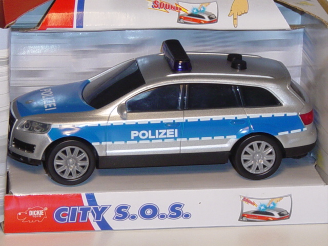 Audi Q7, Mj. 05, silber/blau, POLIZEI, mit Friktionsmotor, mit Licht und Sound, DICKIE, 1:32, mb