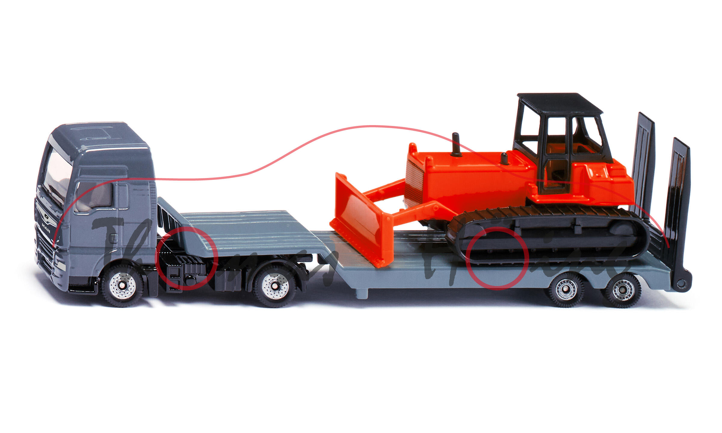 00000 MAN TGX 18.580 D38 XXL (Mod. 17-19) mit Sattelauflieger und Planierraupe, grau und orange, SIKU, 1:87, L17mpK