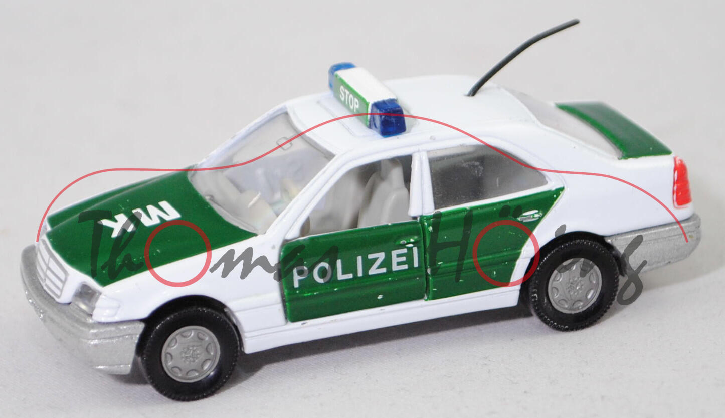 00014b Mercedes-Benz C 220 Klassische Version (W 202, Mod. 93-95) Peterwagen, weiß, POLIZEI / MK, Kardanwelle kurz, SIKU, 1:55