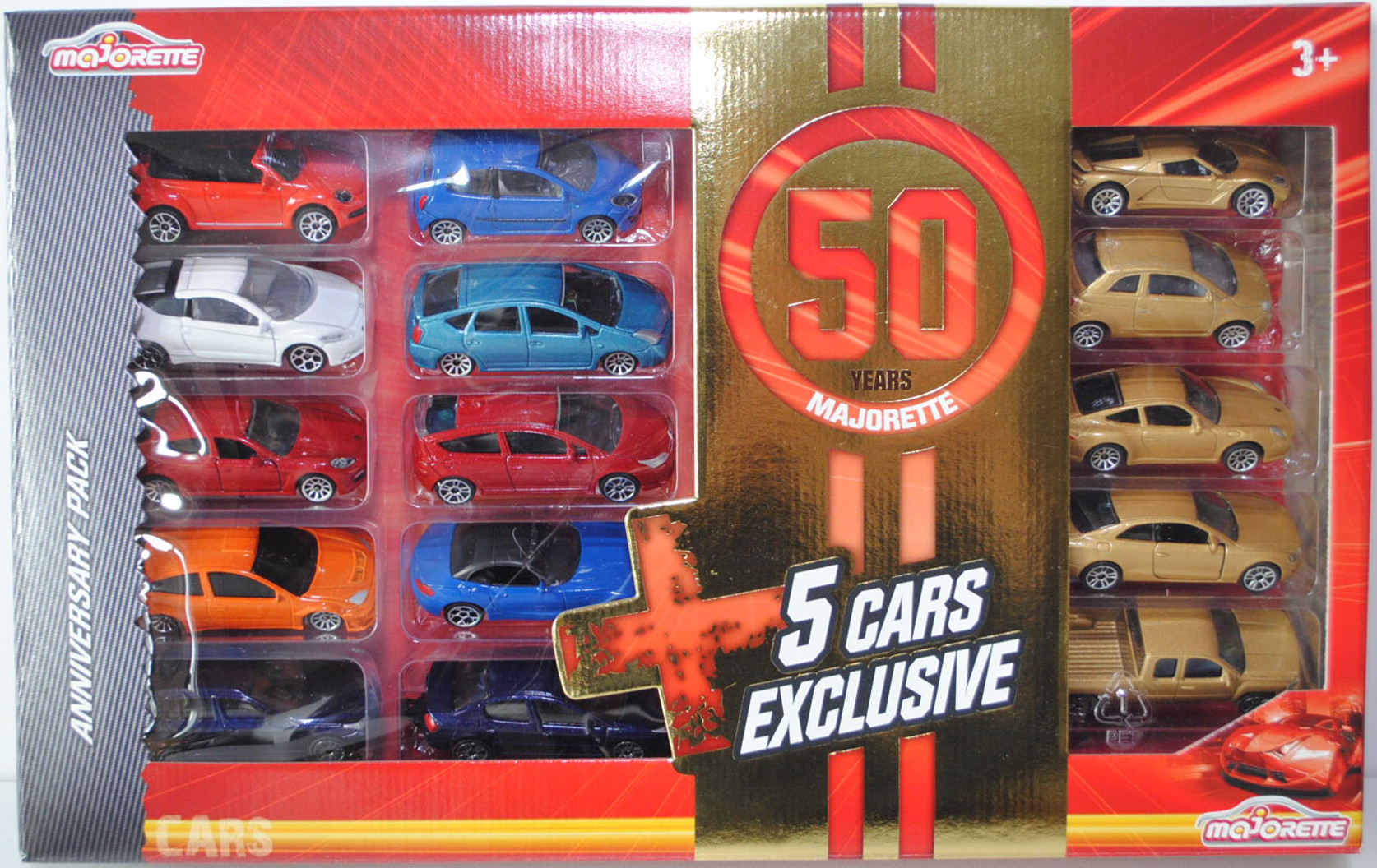 50 YEARS MAJORETTE, Set mit: VW Beetle; Honda CRZ; Porsche Panamera; Ford Focus WRC; BMW 5er Touring