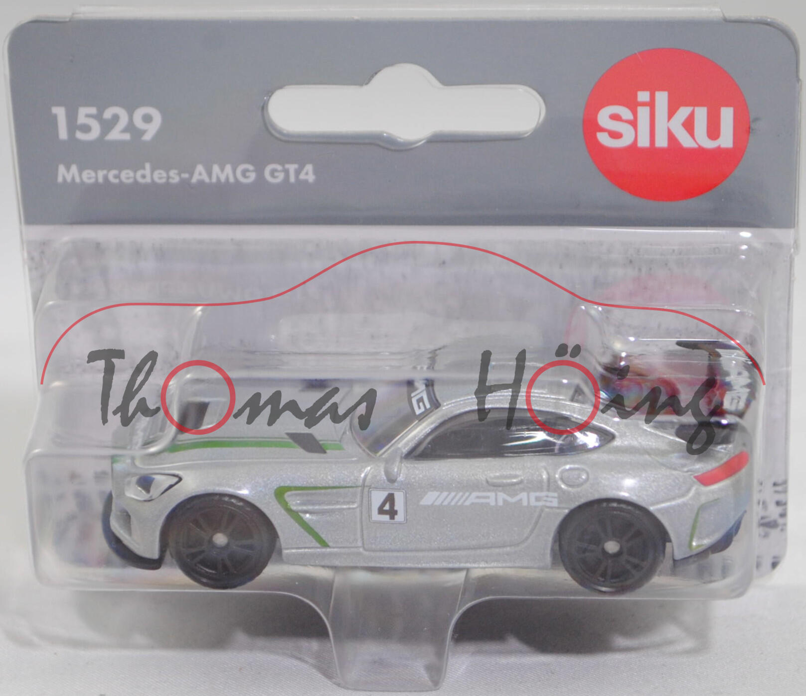 00000 Mercedes-AMG GT4 (Baureihe C 190, Modell 2017-), blausilbermetallic, innen schwarz, AMG / Startnummer 4, B49 schwarz, SIKU SUPER, 1:58, P29f