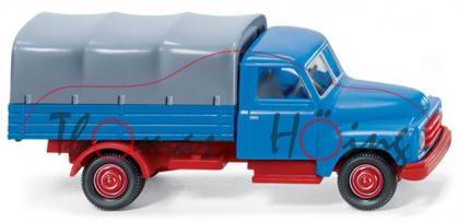 Hanomag Diesel L28 Pritschen-LKW, Modell 1950, himmelblau/rot, Plane fenstergrau, Wiking, 1:87, mb