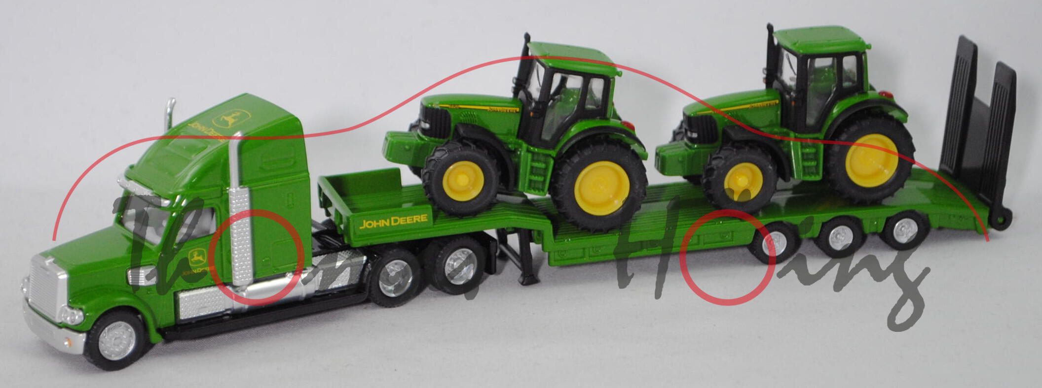 00000 FREIGHTLINER CORONADO mit Tieflader und John Deere Traktoren, grün/gelb, 1:87, L17mK