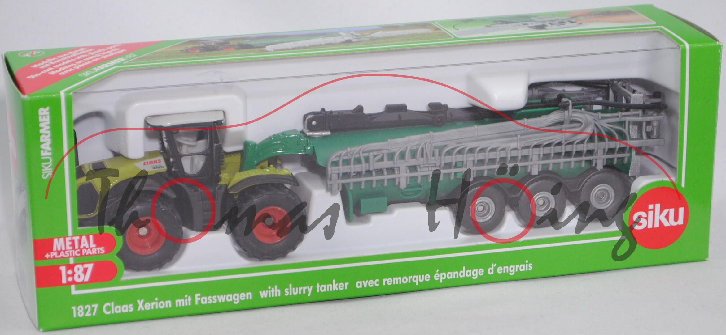 00001 CLAAS XERION 5000 TRAC (3. Generation, Modell 2011-) und SBX2 Schleppschlauchgestänge (Fasswagen), grau/claasgrün, mit Chargendruck, SIKU FARMER 1:87, L17mpK