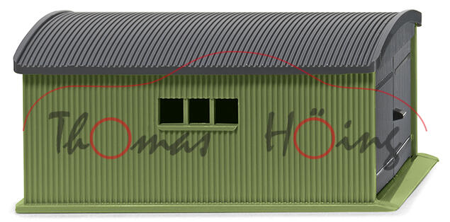 Wellblechgarage, Dach + Türen schiefergrau, Wände + Bodenplatte resedagrün, Wiking, 1:87, mb