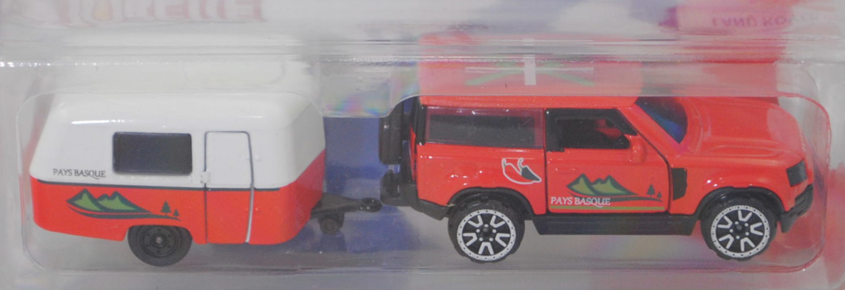 Land Rover Defender 90 (Modell 2020-) mit ERIBA-Wohnanhänger PUCK (Mod. 57-60), rot, majorette, Blister