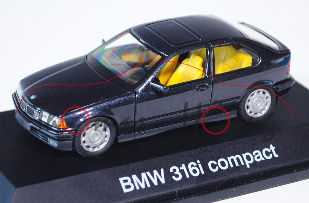 BMW 316i compact (Typ E36/5), Modell 1994-2000, schwarzblaumetallic, Türen zu öffnen, Schuco, 1:43, 