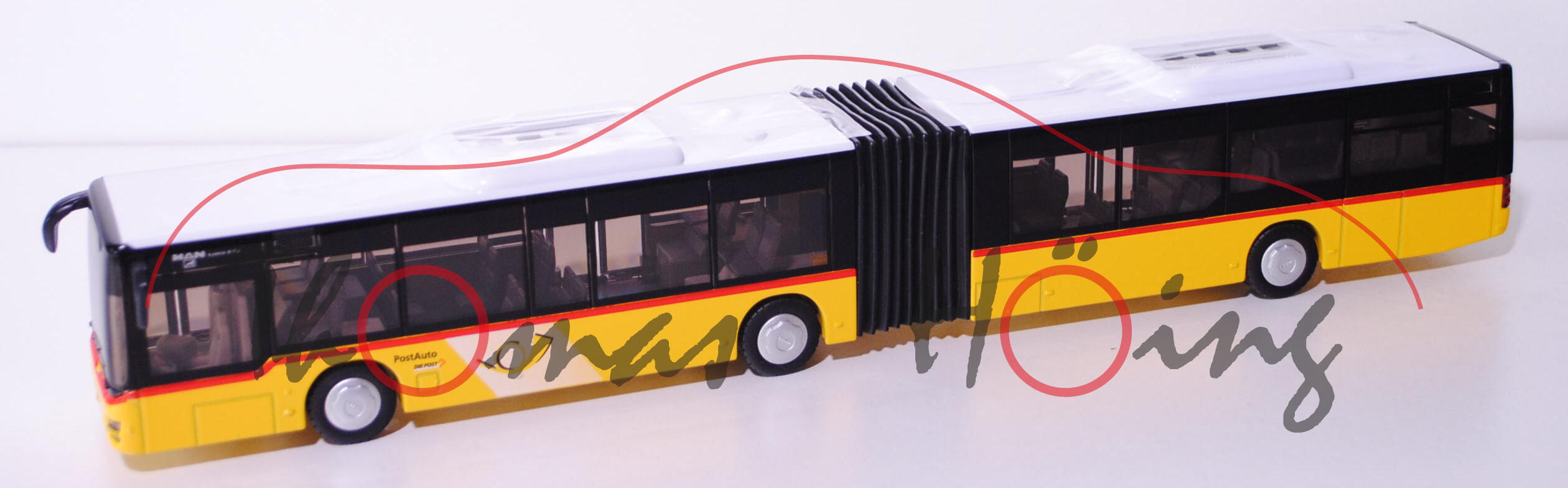 03900 MAN Lion\'s City G Gelenkbus (Typ A23, Modell NG 263), gelb, Dach weiß, Druck PostAuto, L17mpK