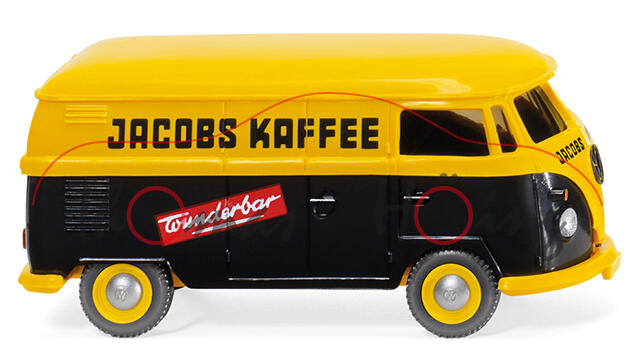 VW Transporter T1 Kasten (Typ 2 T1, Mod. 63-67), gelb/schwarz, JACOBS KAFFEE, Wiking, 1:87, mb