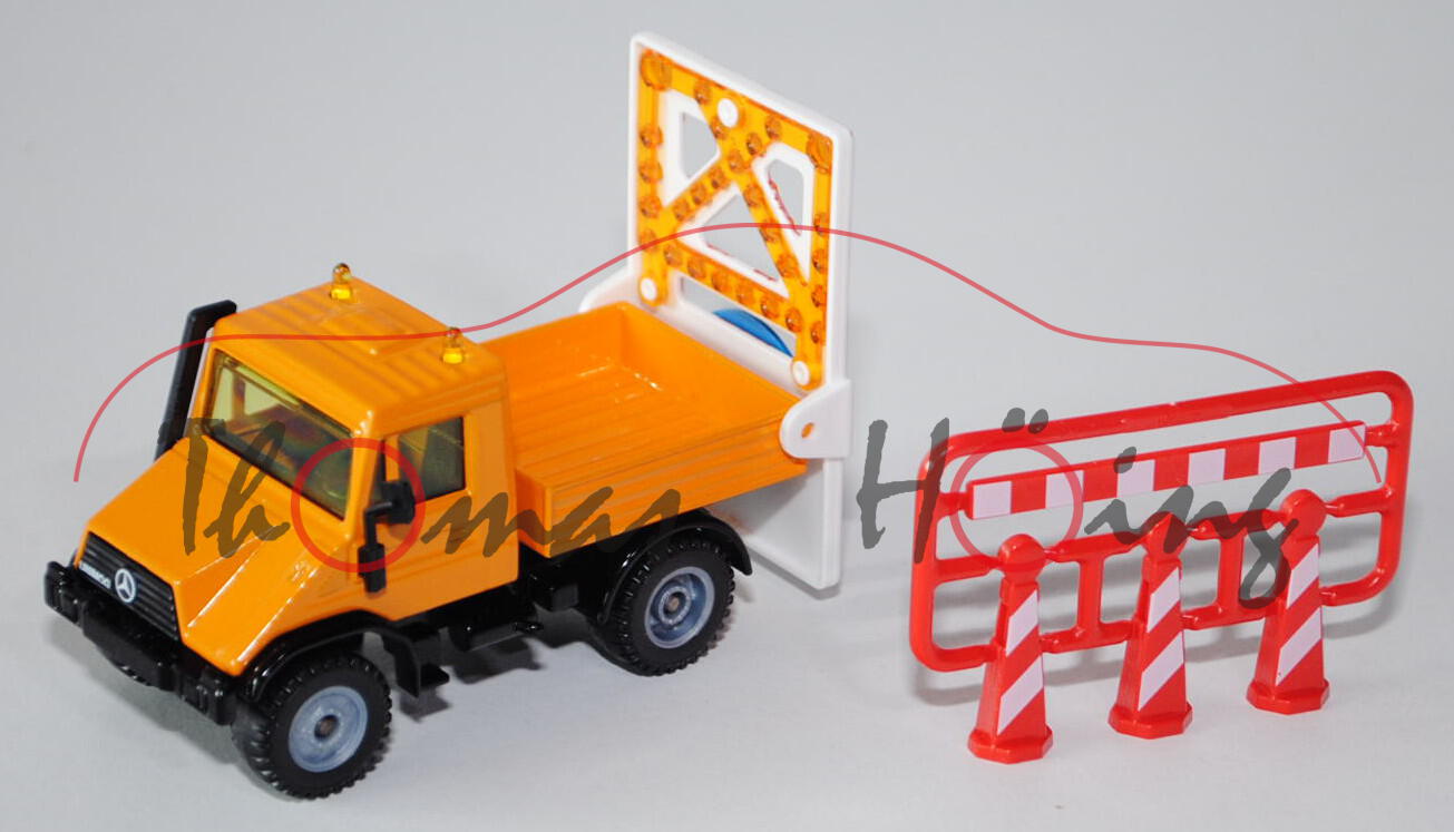 Mercedes Unimog U 140 (Baureihe 418) mit Bauschild, Modell 1992-1999, melonengelb, LKW12, 1:55, L15