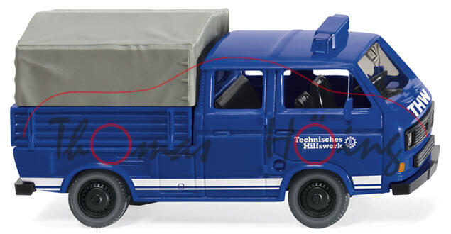 THW - VW Transporter T3 Doppelkabine (Typ 2-Modell '80 T3, Mod. 1979-1992), blau, Wiking, 1:87, mb