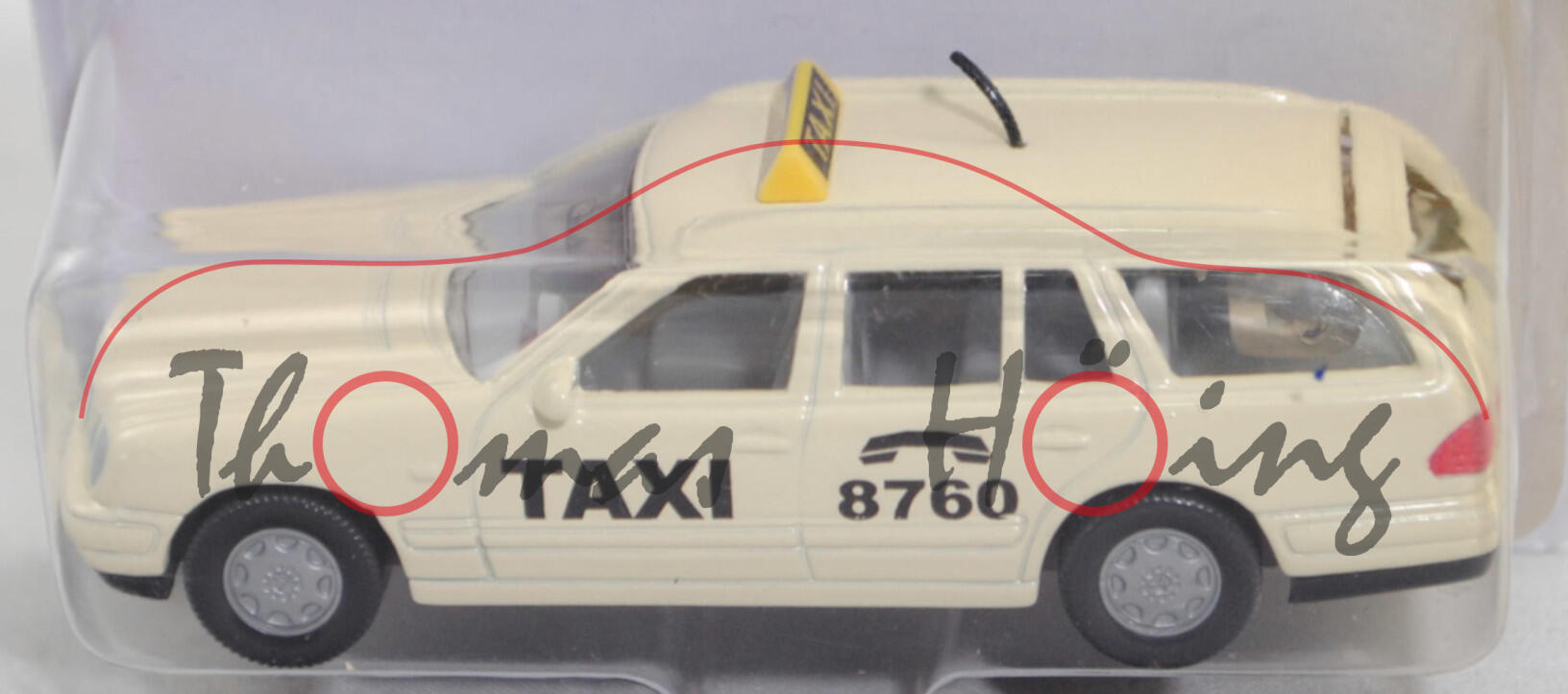 00000 Mercedes-Benz E 290 Turbodiesel T »CLASSIC« (S 210, Modell 1996-1999) Taxi, hellelfenbein, TAXI / C / 8760, SIKU, 1:56, P26 vergilbt