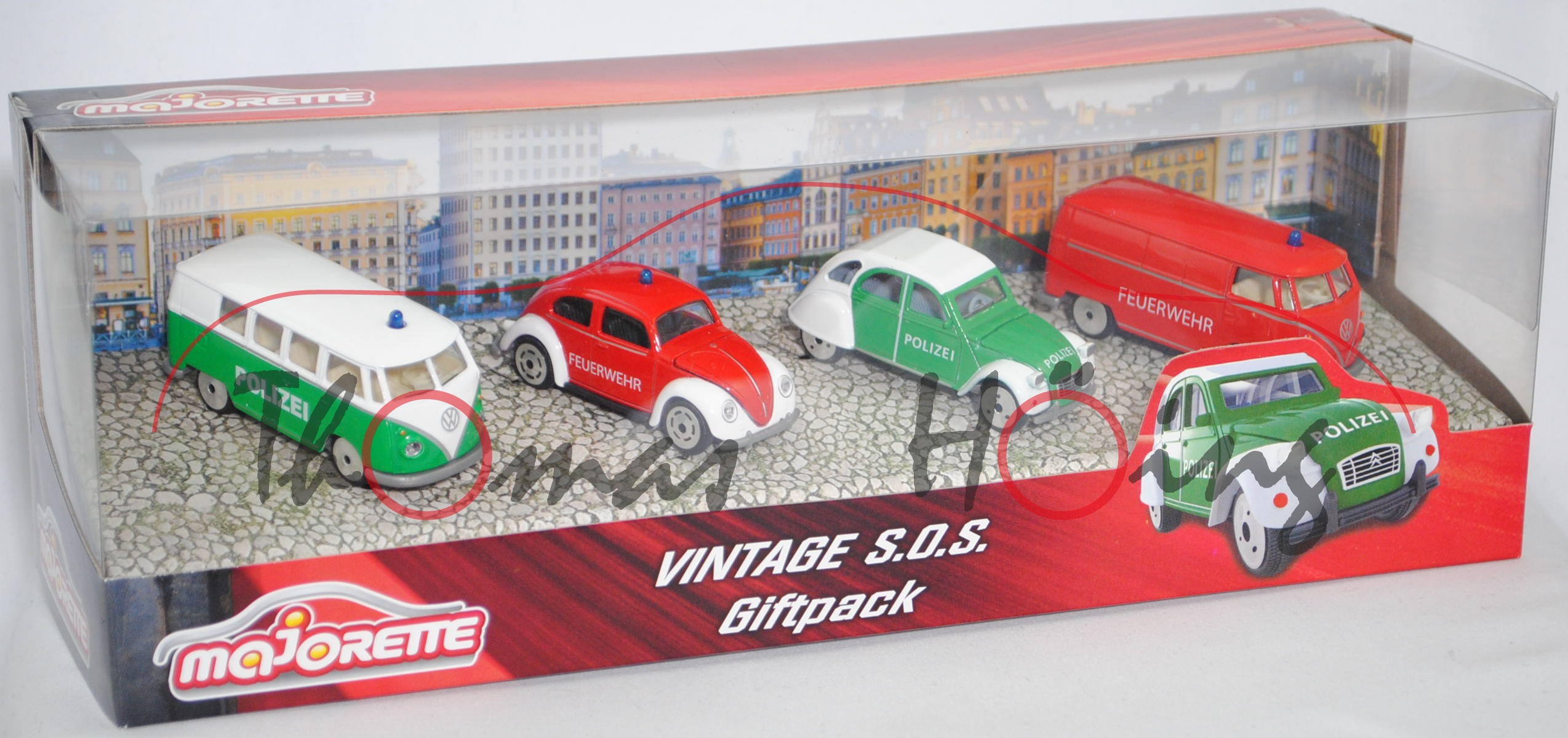 VINTAGE S.O.S. Giftpack, VW T1 Polizei + Feuerwehr, VW Beetle / Käfer Feuerwehr, Citroen 2CV Polizei