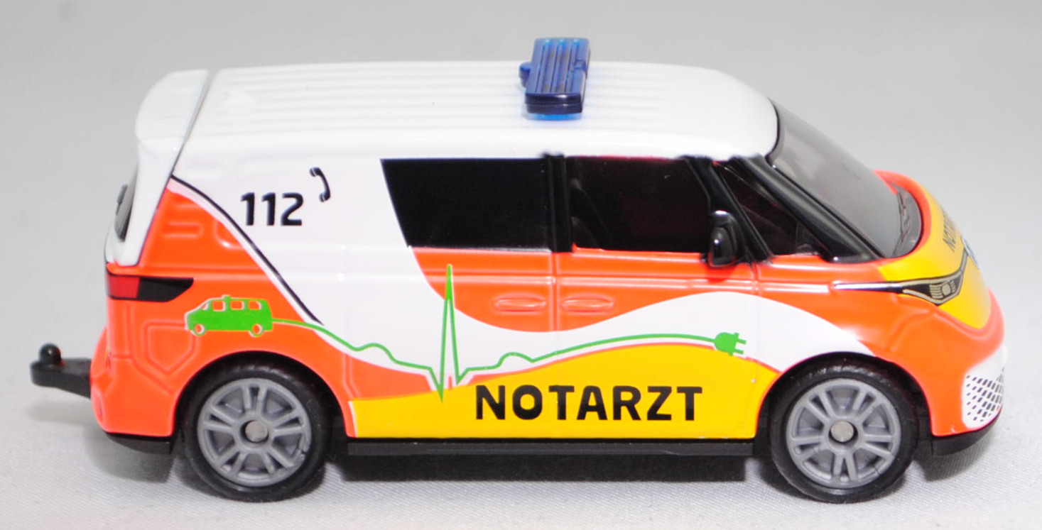 00000 VW ID. Buzz Cargo (1. Generation, interne Baureihenbezeichnung EBN, Modell 2022-) Krankenwagen, Karosserie reinweiß, C 112 / NOTARZT, SIKU SUPER, 1:61, P29f