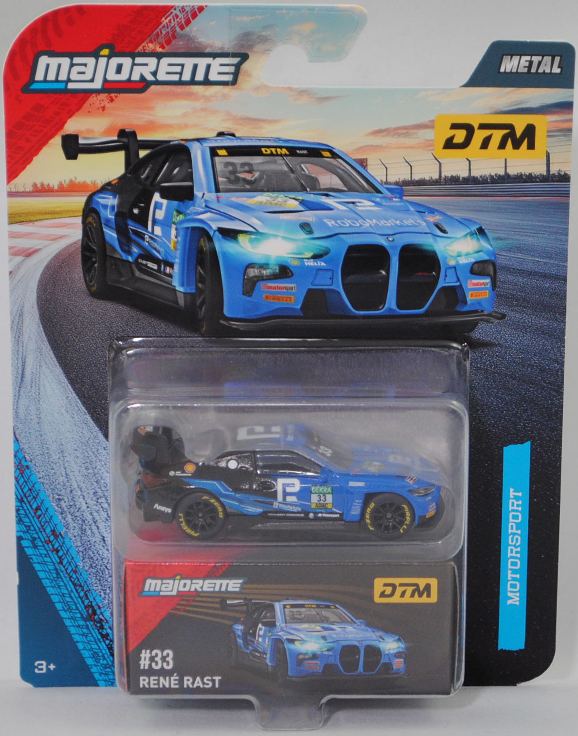 BMW M4 GT3 EVO (G82, Homologationsnummer GT3-053, Modell 2024-) (Nr. 257I), blau/schwarz, DTM 2025, René Rast, Nr. 33, Schubert Motorsport, majorette, 1:65, Blister