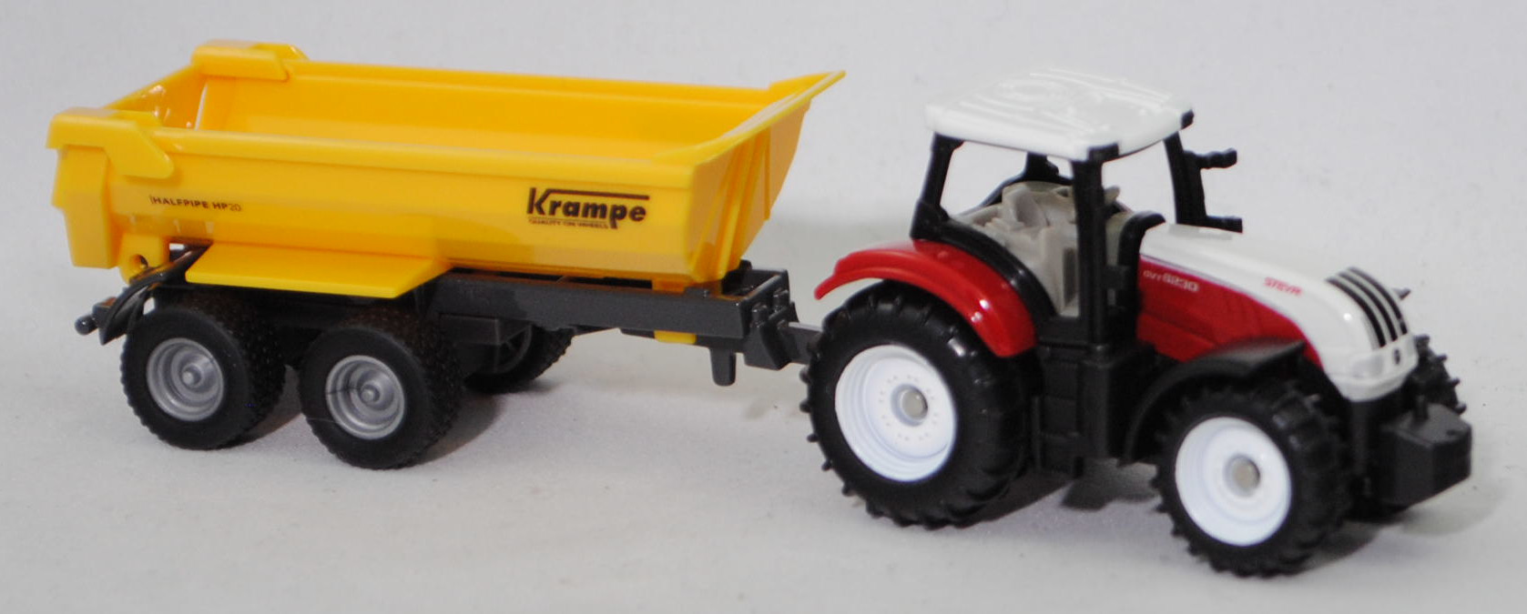 00000 Steyr 6230 CVT ecotech (5. Generation, Modell 2011-2015) mit Krampe Halfpipe Tandem Erdbaukipper HP 20 (Modell 1999-), weiß/rot und gelb/grau, SIKU SUPER, P29f