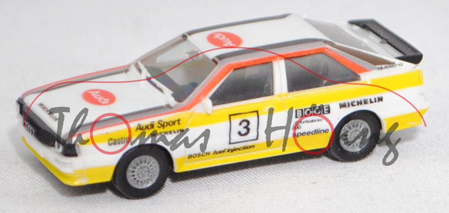 Audi quattro A2 Gruppe B (Modell 1983-1984) Rallye, weiß/gelb/rot/grau/schwarz, Herpa, 1:87, mb