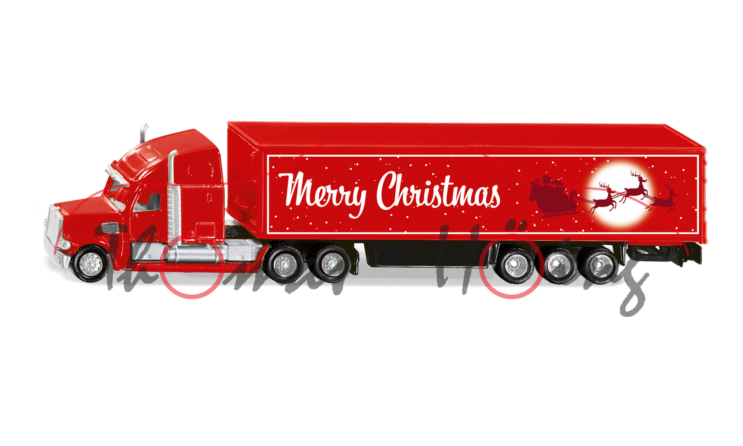 00000 FREIGHTLINER® CORONADO® CC132 (Modell 2001-2010) mit Koffer-Sattelauflieger (Weihnachtstruck), rot, Merry Christmas, SIKU, 1:87, L17mpK