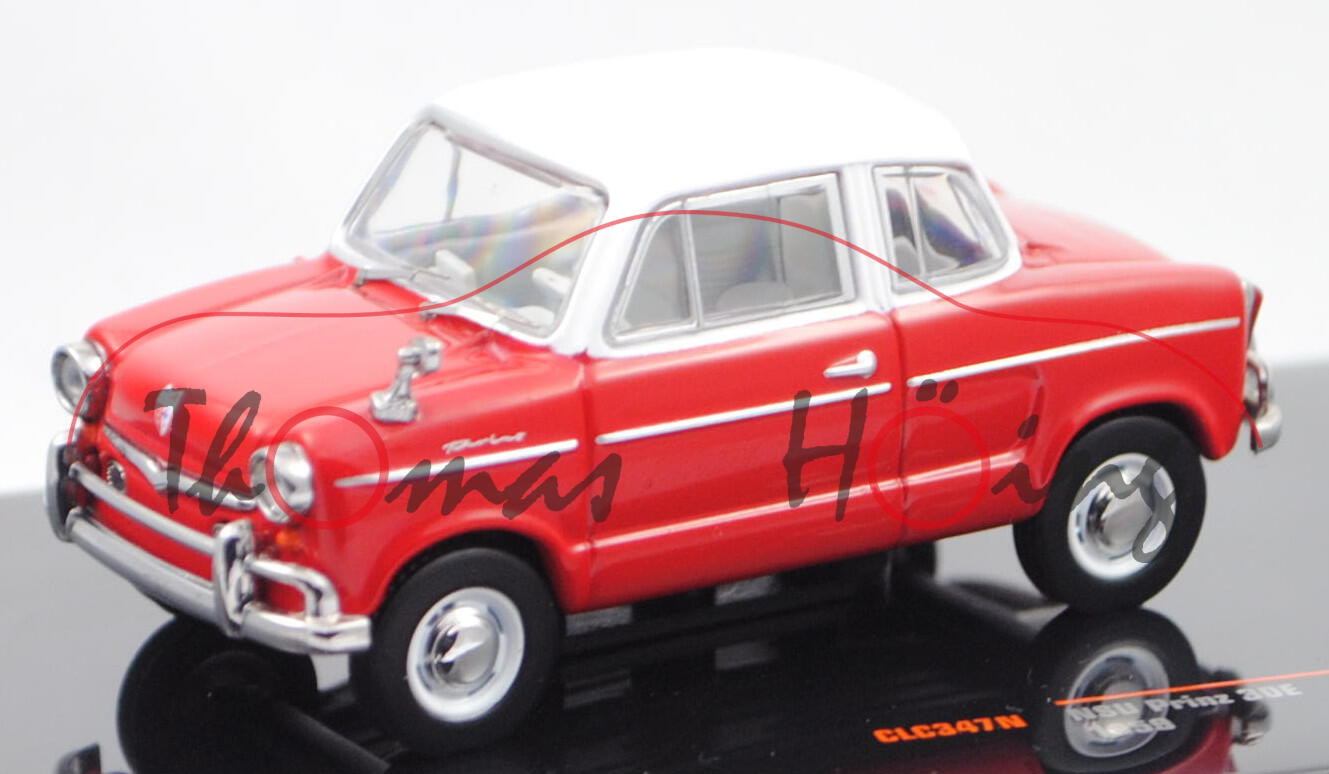 NSU Prinz 30E (Typ 40, E = Export, Modell 1959-1960), karminrot, Dach weiß, IXO, 1:43, PC-Box