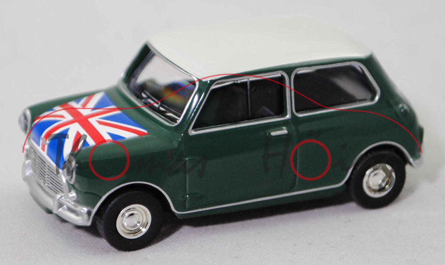 Austin Mini-Cooper 998 (1. Gen., Typ Mk 1, Mod. 64-67), almond green, Flagge Union Jack, Norev, mb