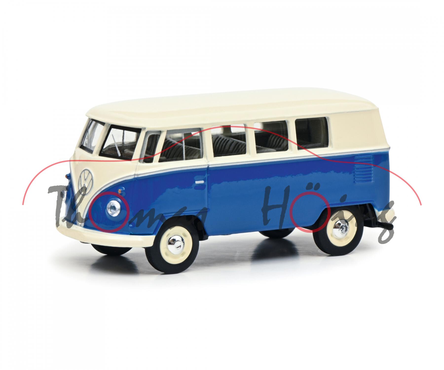 VW Transporter Kombi (Typ 2 T1, Mod. 1961-1963), weiß/blau, Nr. 5, Schuco PAPERBOX EDITION, 1:64, mb