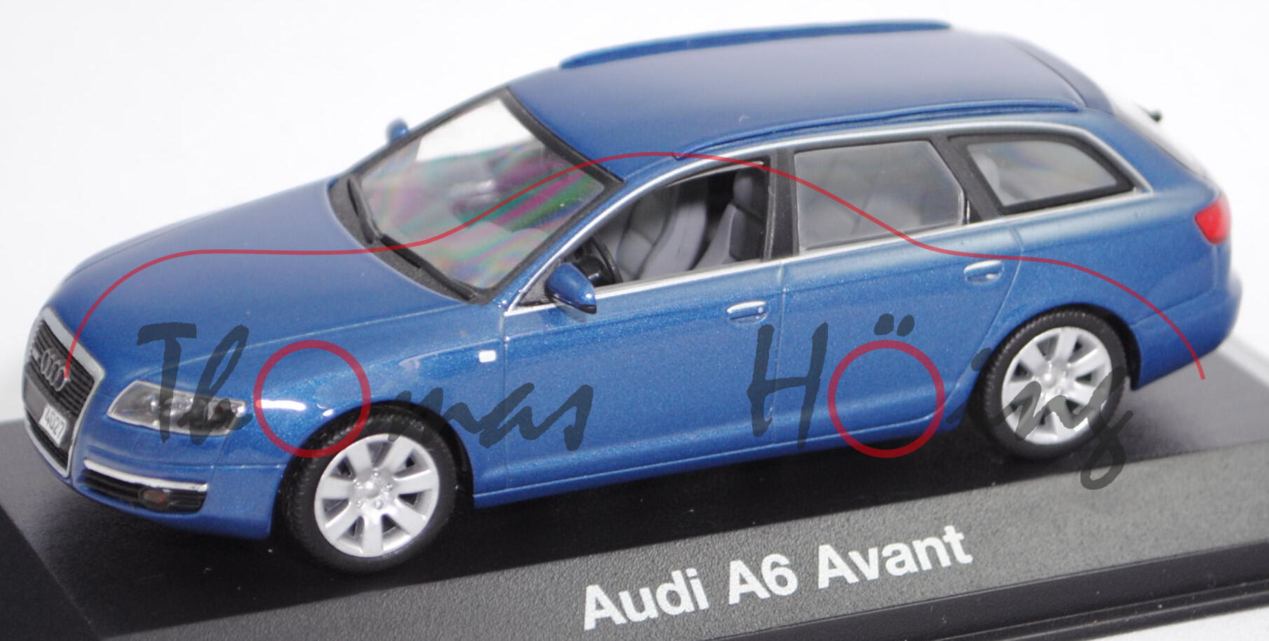 Audi A6 Avant 3.2 (C6, Typ 4F, Modell 2005-2008), stratosblau metallic, Minichamps, 1:43, Werbebox