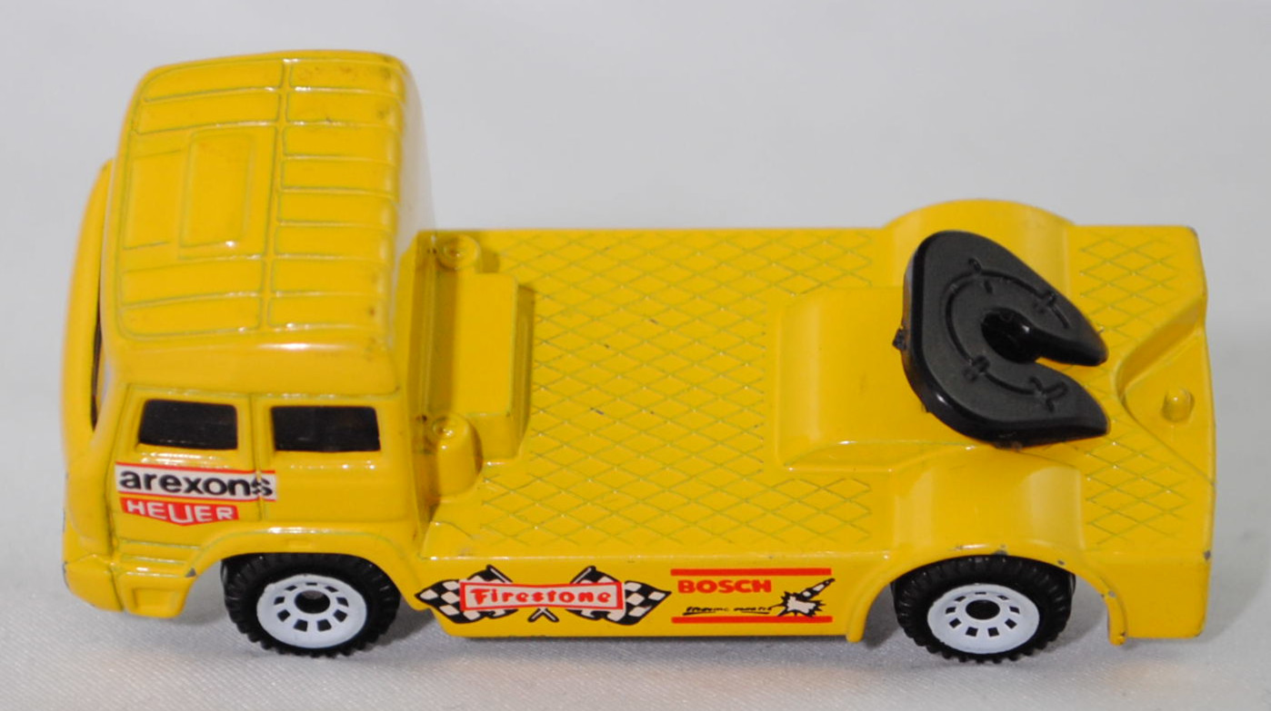 00001 Iveco TurboStar (Modell 1987-1990) Renntruck (Truck-Racing-Europameisterschaft 1989-1993, Klasse B), gelb, arexons / HEUER / Firestone / BOSCH, C1 reinweiß, SIKU, 1:86, m-