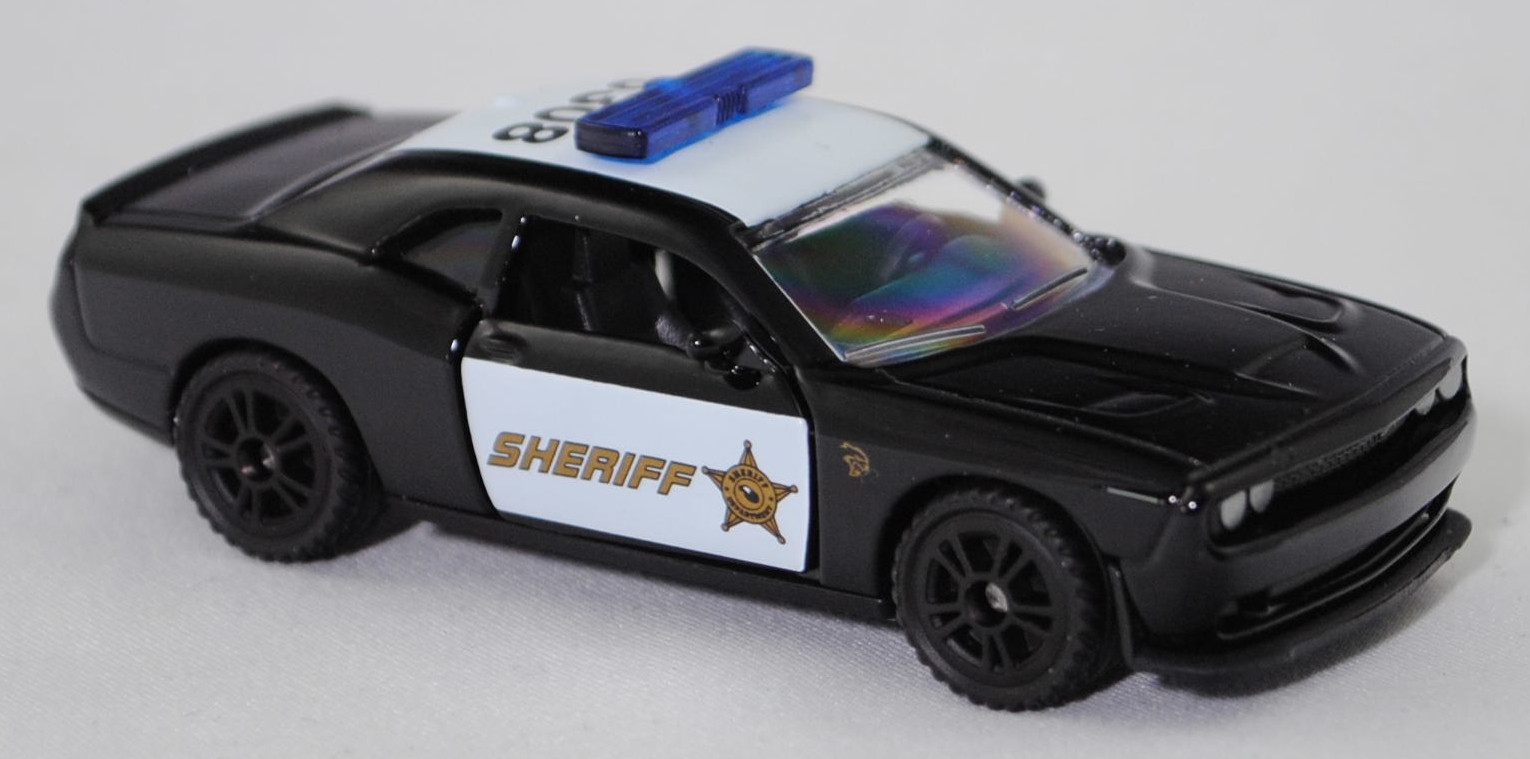 00000 Dodge Challenger SRT Hellcat (3. Generation, Facelift 2014, Modell 2014-2018) County Sheriff, schwarz, Sheriff-Stern und SHERIFF, SIKU SUPER, 1:63, P29f