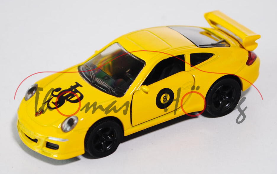 00001 Porsche 911 Carrera S (Typ 997), Modell 2004-2008, kadmiumgelb, Felgen schwarz, Druck JPS auf