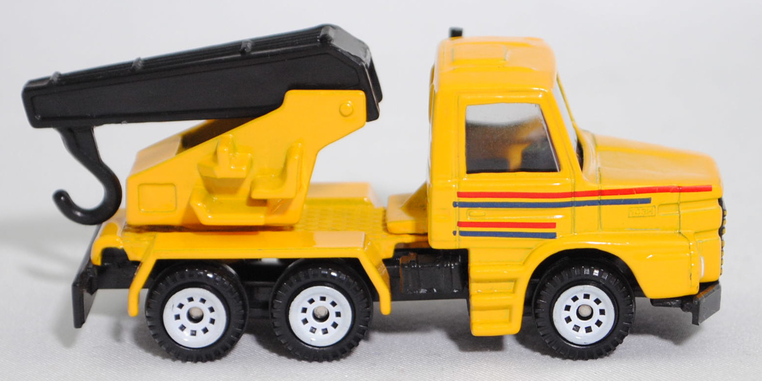 00001 Scania T143H-400 6x4 (Modell 1988-1991) Abschleppwagen, gelb, Kranfuß gelb, Ausleger schwarz, Bpr. 0808/1013/1014, C1 weiß, SIKU SUPER, 1:93, m