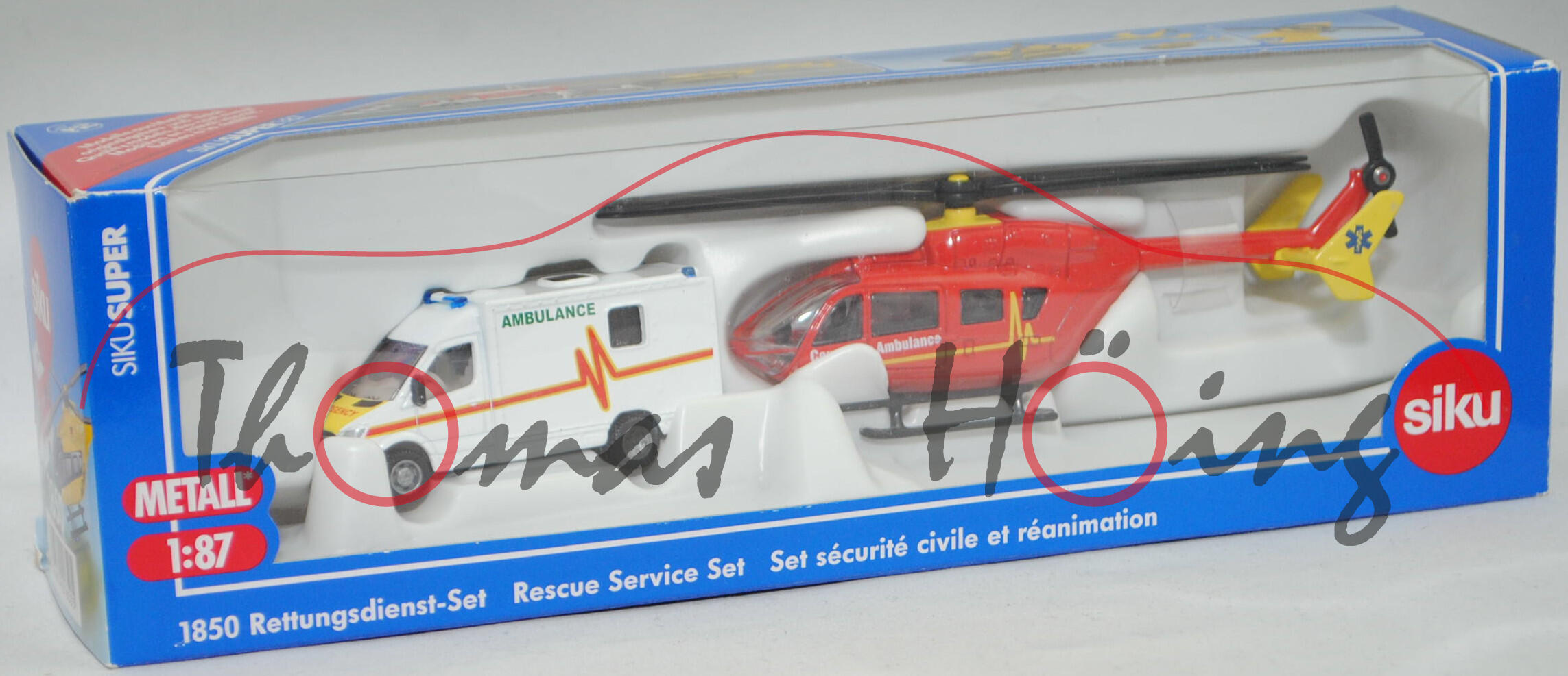 00600 GB Rettungsdienst-Set: RTW Mercedes-Benz Sprinter II und Eurocopter EC 145 Hubschrauber, RTW: AMBULANCE; Hubschrauber: County Air Ambulance, SIKU, 1:87, L17mK
